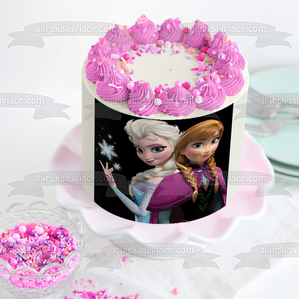 Frozen Anna and Elsa Snowflakes and a Black Background Edible Cake Topper Image ABPID07519