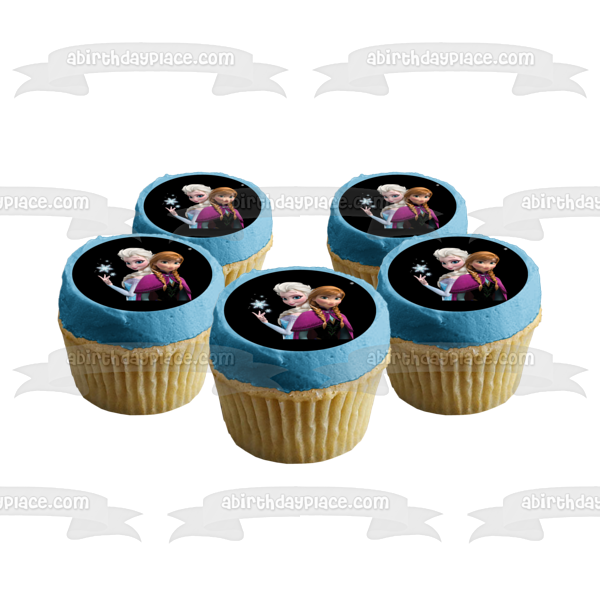 Frozen Anna and Elsa Snowflakes and a Black Background Edible Cake Topper Image ABPID07519