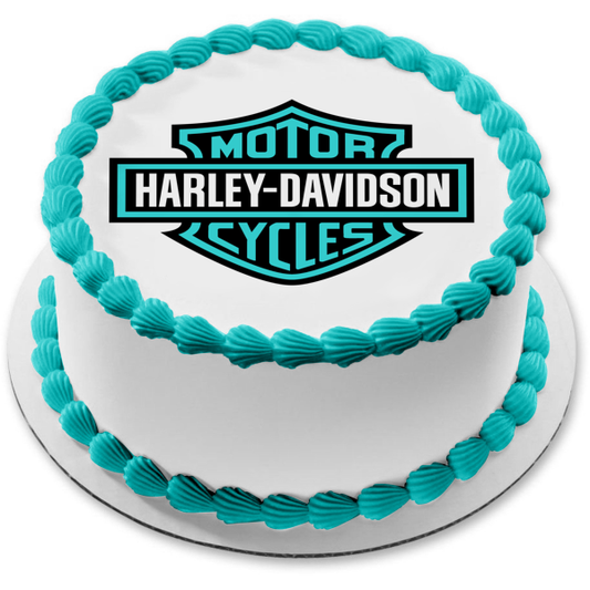 Harley Davidson Motor Cycles Blue and White Logo Edible Cake Topper Image ABPID07692