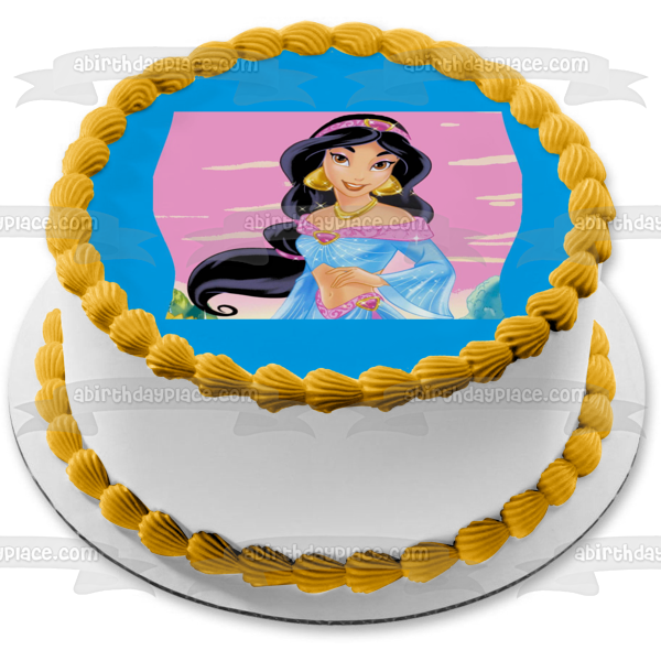 Princess Aladdin Jasmine with a Pink Background Edible Cake Topper Image ABPID07698