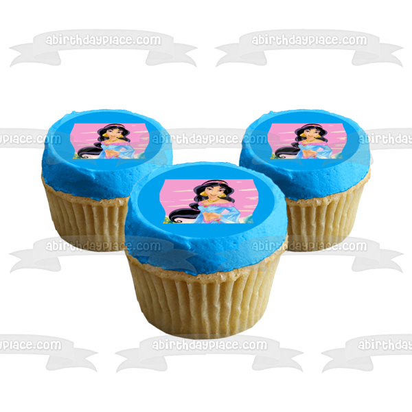 Princess Aladdin Jasmine with a Pink Background Edible Cake Topper Image ABPID07698