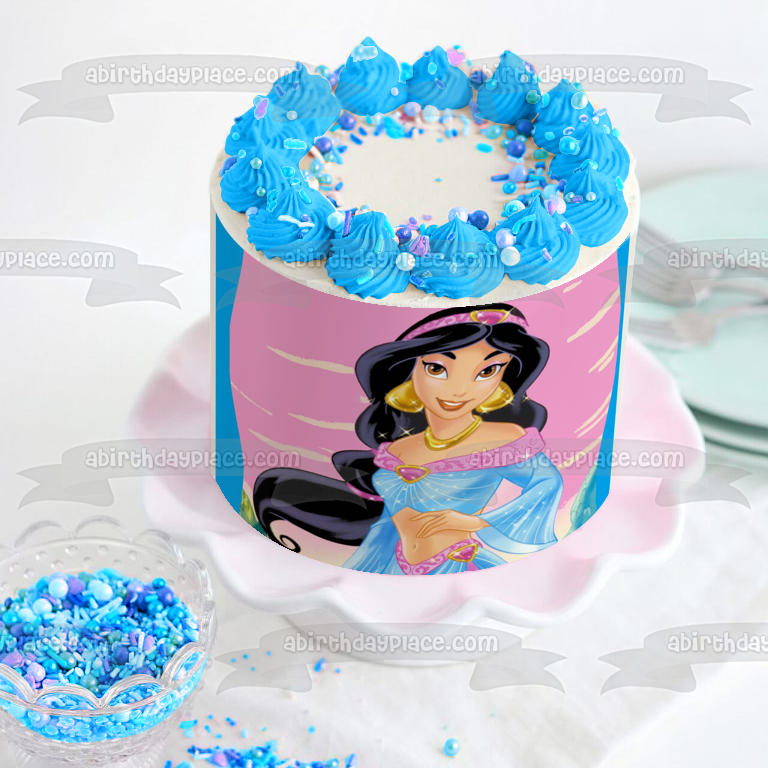Princess Aladdin Jasmine with a Pink Background Edible Cake Topper Image ABPID07698