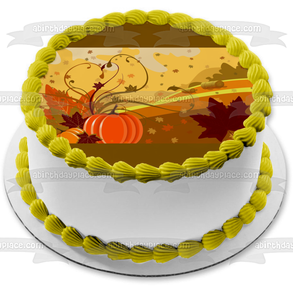 Fall Harvest Scene Pumpkins Leaves Falling and Hay Bales Edible Cake Topper Image ABPID07717