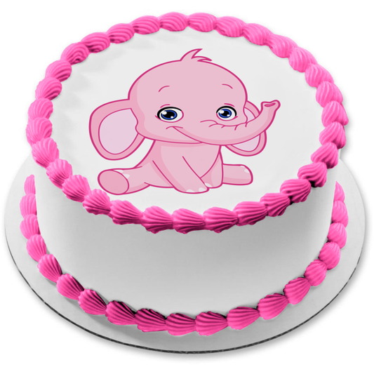 Adorno comestible para tarta con elefante bebé rosa de dibujos animados, imagen ABPID07584 