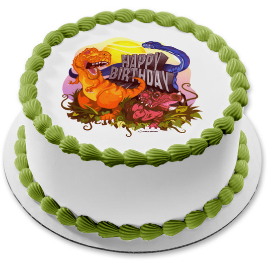 Imagen de decoración comestible para tarta con diseño de dinosaurio, feliz cumpleaños, sol y hierba, ABPID07900 