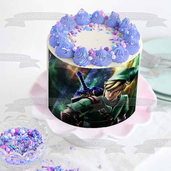 Legends of Zelda Link and His Blue Sword Edible Cake Topper Image ABPID07912
