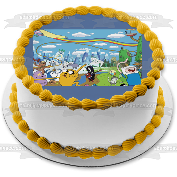 Adventure Time Finn Jake the Dog Princess Bubblegum Snow Mountains and a Rainbow Edible Cake Topper Image ABPID07784