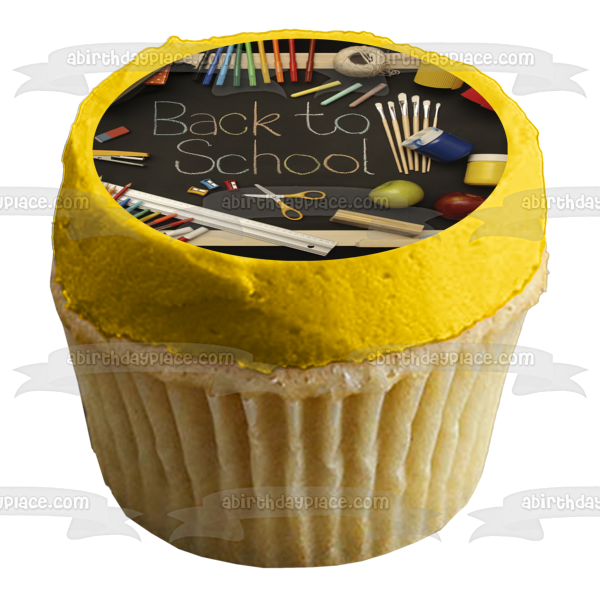 Regreso a la escuela Marcadores Crayones Lápices Pintura y una pizarra Adorno comestible para pastel Imagen ABPID07786 