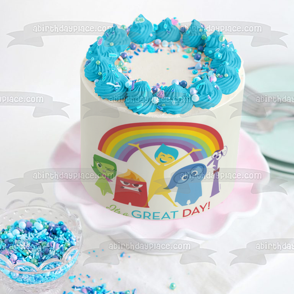Inside Out Joy Sadness Disgust Fear Anger and a Rainbow It's a Great Day Edible Cake Topper Image ABPID07929