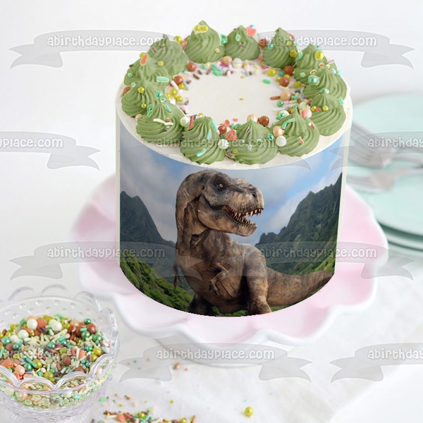 Jurassic World Tyrannosaurus Rex Mountains and Trees Edible Cake Topper Image ABPID07850