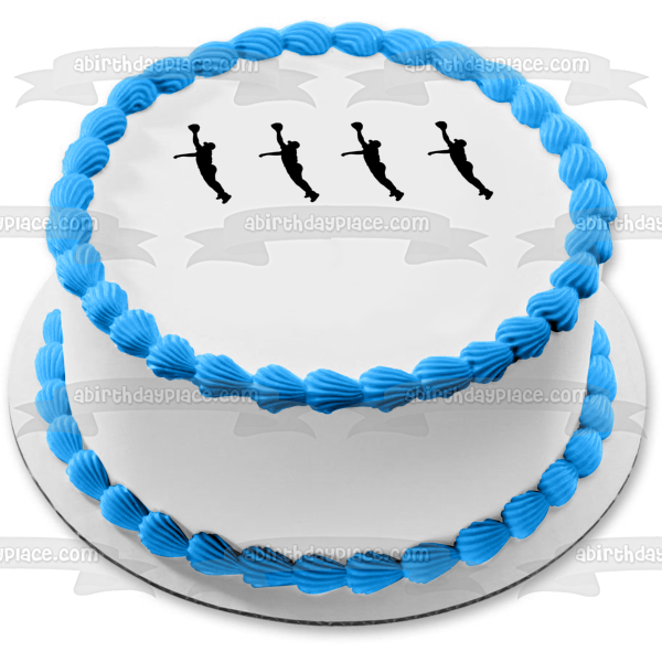 Baseball Man Silhouette Jumping Catch Ball In Black and White Edible Cake Topper Image ABPID07967