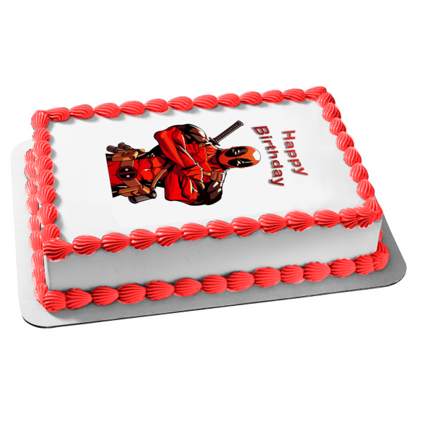 Deadpool with His Sword Happy Birthday Edible Cake Topper Image ABPID07876