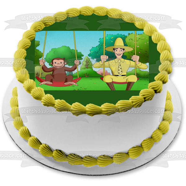 Curious George Swinging with the Man with the Yellow Hat Edible Cake Topper Image ABPID07878