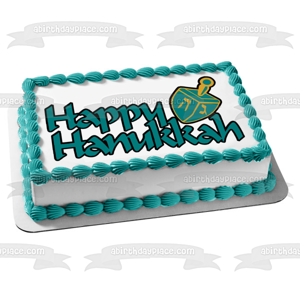 Happy Hanukkah Blue and Gold Dreidel Edible Cake Topper Image ABPID07978