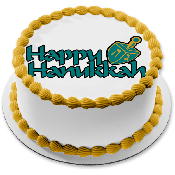 Happy Hanukkah Blue and Gold Dreidel Edible Cake Topper Image ABPID07978