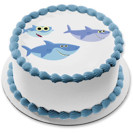Family of Sharks Cartoon Mama Papa and Baby Edible Cake Topper Image ABPID07981