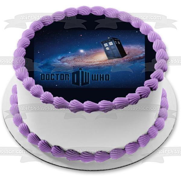 Doctor Who Logo Tardif Time Machine with a  Galaxy Background Edible Cake Topper Image ABPID07986