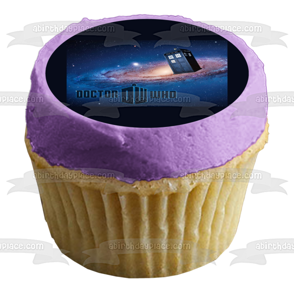 Doctor Who Logo Tardif Time Machine with a  Galaxy Background Edible Cake Topper Image ABPID07986