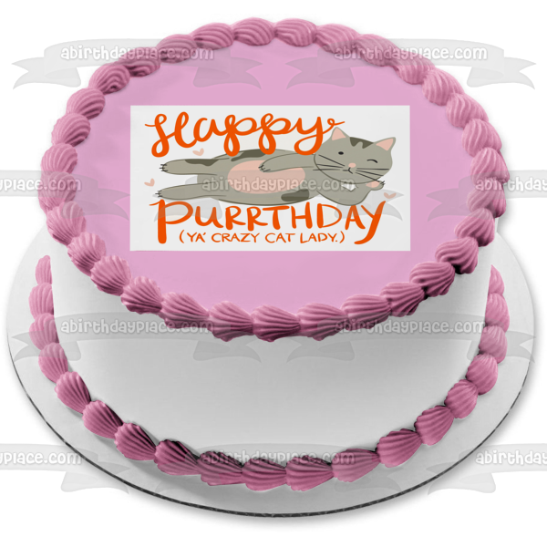 Happy Purrthday Ya Crazy Cat Lady Grey Cat and Purple Hearts Edible Cake Topper Image ABPID08111