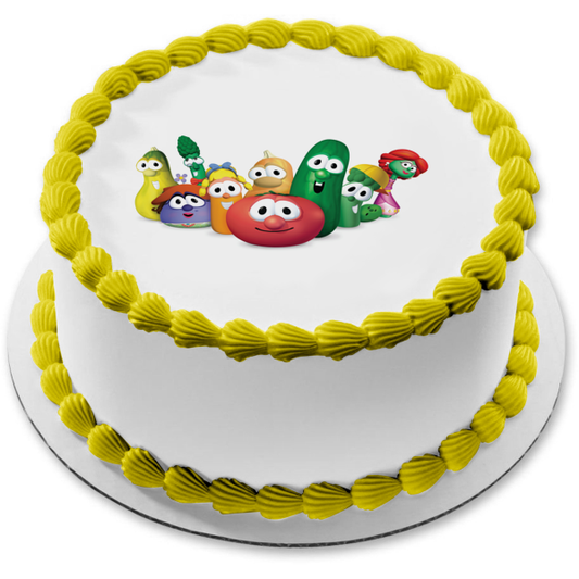 Veggietales Bob the Tomato Larry the Cucumber and Junior Asparagus Edible Cake Topper Image ABPID08034