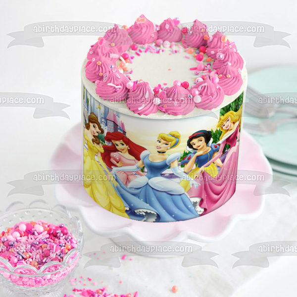 Princess Belle Ariel Cinderella Snow White Aurora and a  Castle Edible Cake Topper Image ABPID08155