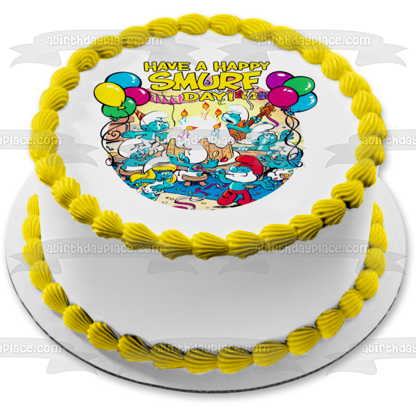 The Smurfs Happy Birthday Papa Smurf Smurfette Harmony Smurf Cake and Balloons Edible Cake Topper Image ABPID08059
