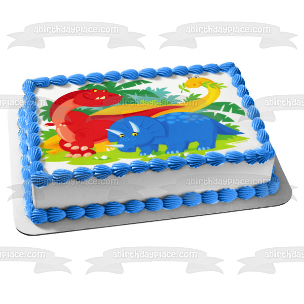 Cartoon Dinosaurs and Trees Edible Cake Topper Image ABPID08171