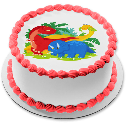 Cartoon Dinosaurs and Trees Edible Cake Topper Image ABPID08171