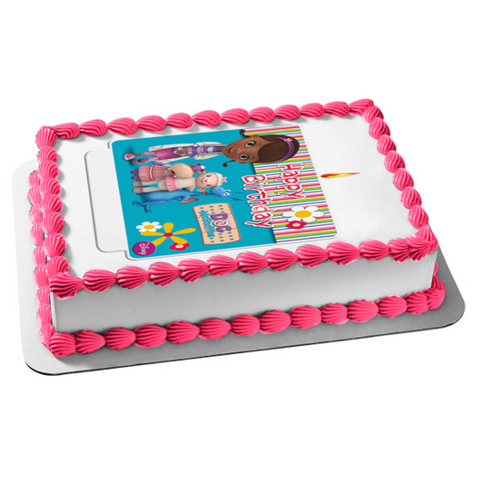 Imagen comestible para decoración de tarta de Doc McStuffins, feliz cumpleaños, Lambie Stuffy y Hallie, ABPID08063 