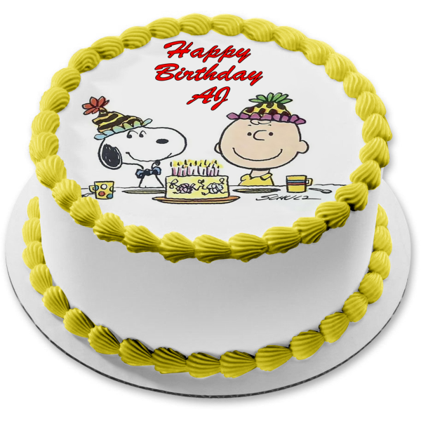 Peanuts Happy Birthday Charlie Brown Snoopy Cake and Party Hats Edible Cake Topper Image ABPID08067