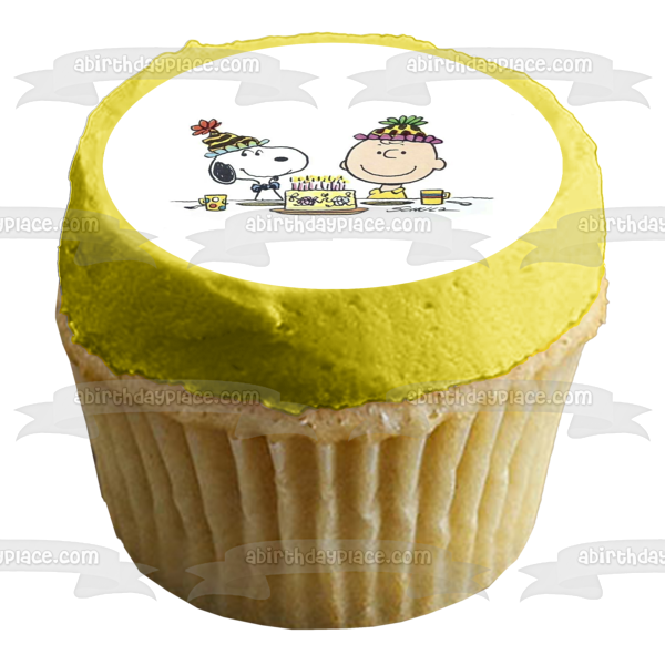 Peanuts Happy Birthday Charlie Brown Snoopy Cake and Party Hats Edible Cake Topper Image ABPID08067
