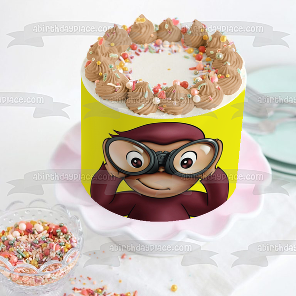 Curious George Binoculars Yellow Background Edible Cake Topper Image ABPID08401