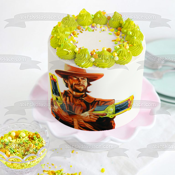 Clint Eastwood Holding NERF Guns Edible Cake Topper Image ABPID08254