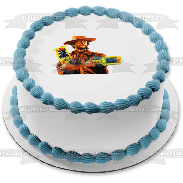 Clint Eastwood Holding NERF Guns Edible Cake Topper Image ABPID08254