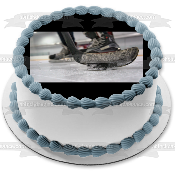 Hockey Stick and Puck on Ice Edible Cake Topper Image ABPID55496