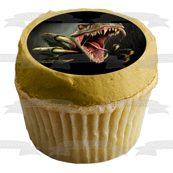 Angry Green Dinosaur Grey Background Edible Cake Topper Image ABPID08370