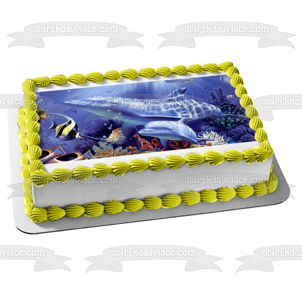 Dolphins Fish Coral Underwater Edible Cake Topper Image ABPID08399