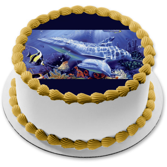 Dolphins Fish Coral Underwater Edible Cake Topper Image ABPID08399