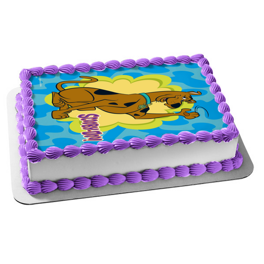 Scooby-Doo Waving Blue and Green Background Edible Cake Topper Image ABPID08540