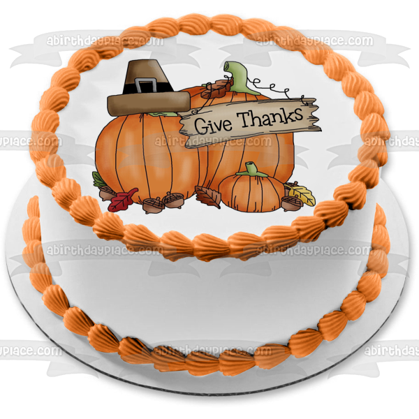 Happy Thanksgiving Give Thanks Pumpkins Acorns Edible Cake Topper Image ABPID08795