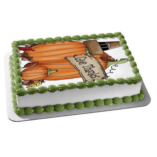 Happy Thanksgiving Give Thanks Pumpkins Acorns Edible Cake Topper Image ABPID08795