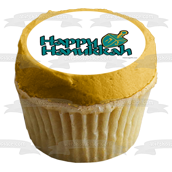 Happy Hanukkah Dreidel Green Yellow Letters Nes Gadol Haya Sham Edible Cake Topper Image ABPID09021
