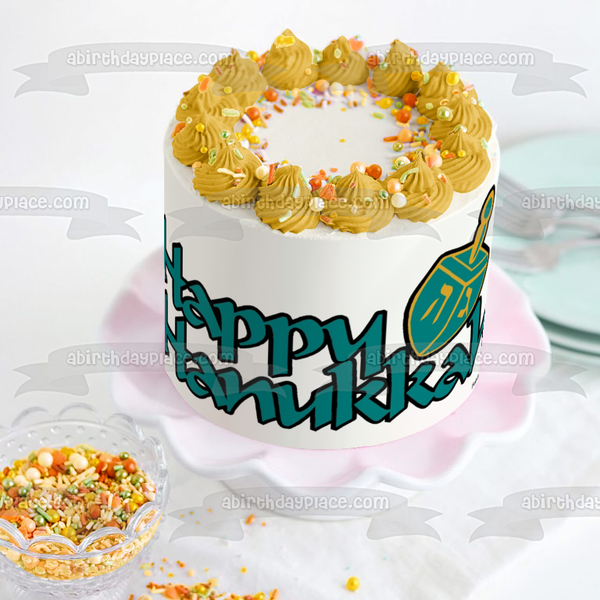 Happy Hanukkah Dreidel Green Yellow Letters Nes Gadol Haya Sham Edible Cake Topper Image ABPID09021