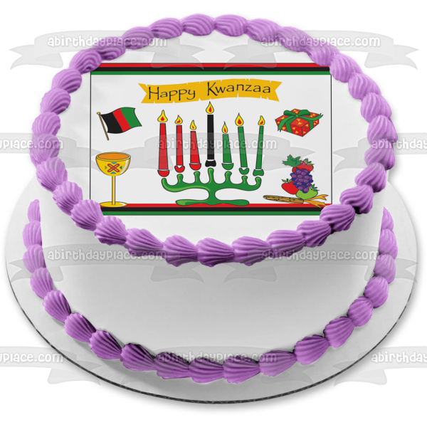 Happy Kwanzaa Presents Grapes Apples Kinara Mishumaa Saba Edible Cake Topper Image ABPID08838