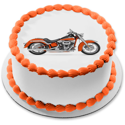 Harley-Davidson Orange and Black Motor Cycle Edible Cake Topper Image ABPID09073