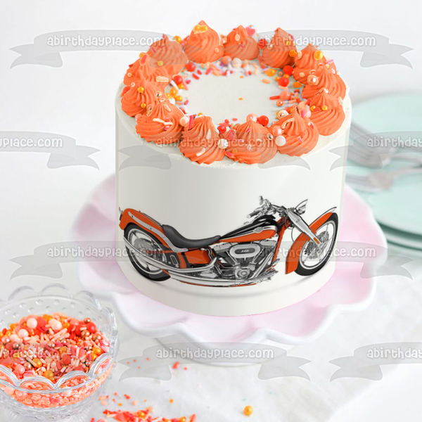 Harley-Davidson Orange and Black Motor Cycle Edible Cake Topper Image ABPID09073