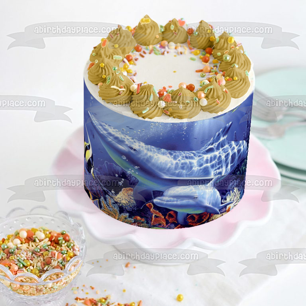 Under the Sea Pod Dolphins Swimming Coral Edible Cake Topper Image ABPID09152