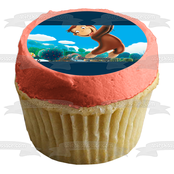 Curious George Flying Away with Balloons Edible Cake Topper Image ABPID09187