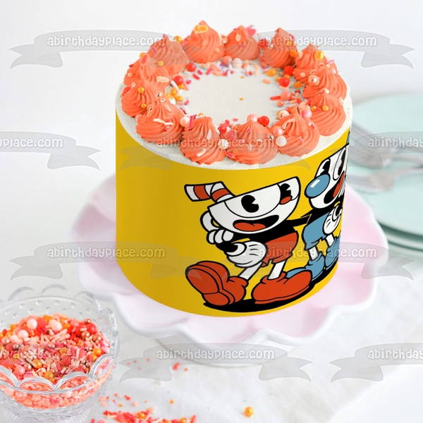 Cuphead and Mugman Yellow Background Edible Cake Topper Image ABPID50305