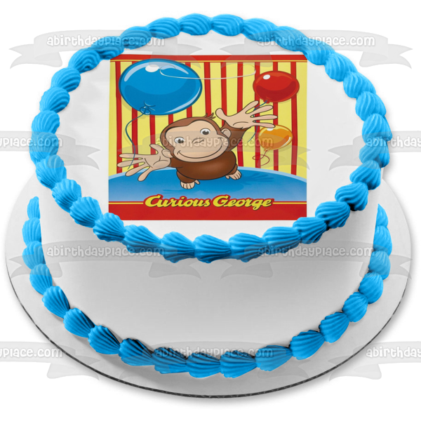Curious George Reaching Balloons Edible Cake Topper Image ABPID09226